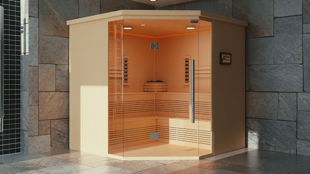 Sauna mit Eckeinstieg in Glas